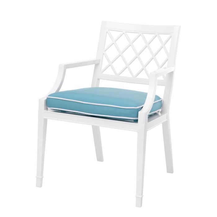 Outdoor Dining Chair Paladium with arm white sunbrella mineral blue