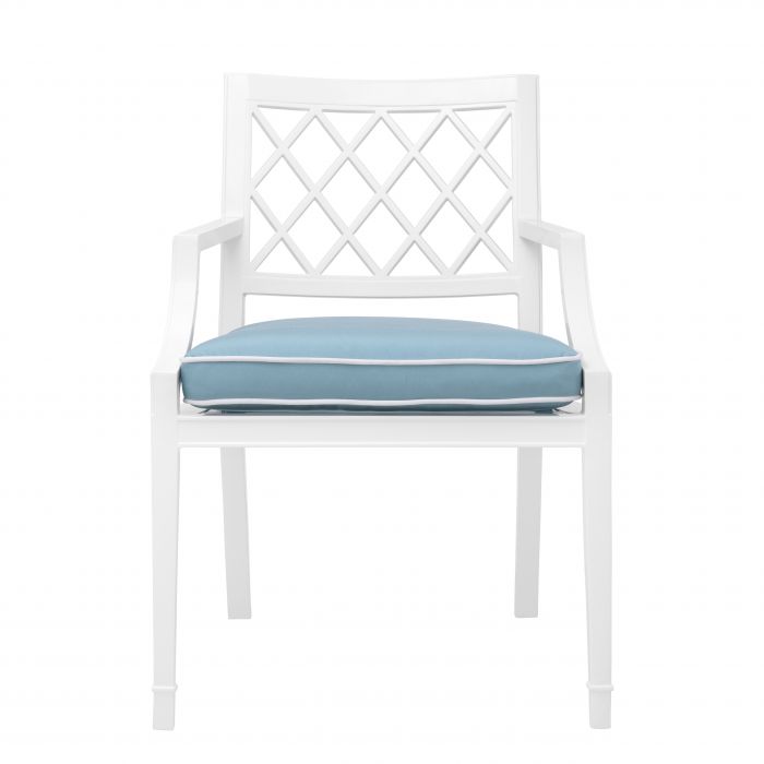 Outdoor Dining Chair Paladium with arm white sunbrella mineral blue
