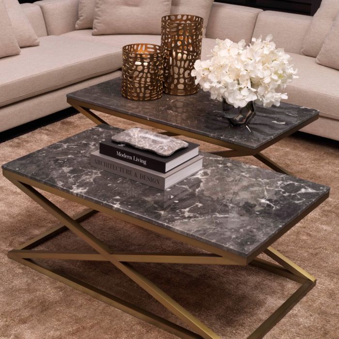 Coffee Table Criss Cross brushed brass finish grey marble