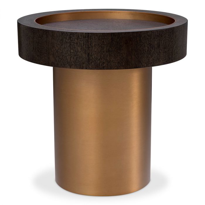 Side Table Otus round mocha oak veneer brushed brass finish