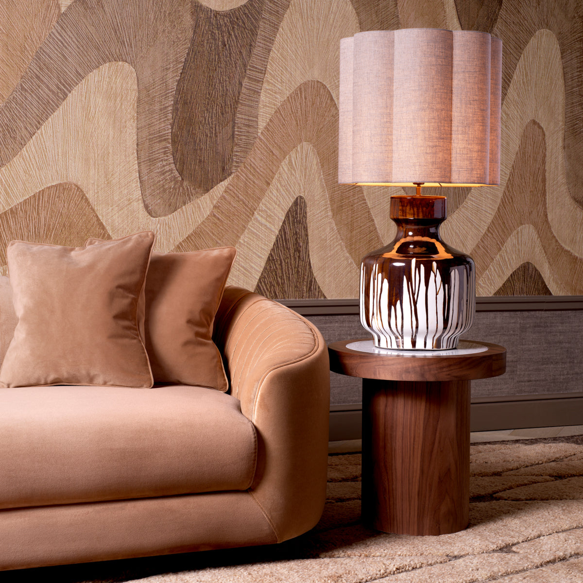 Walnut Veneer Marble Top Side Table Presedio