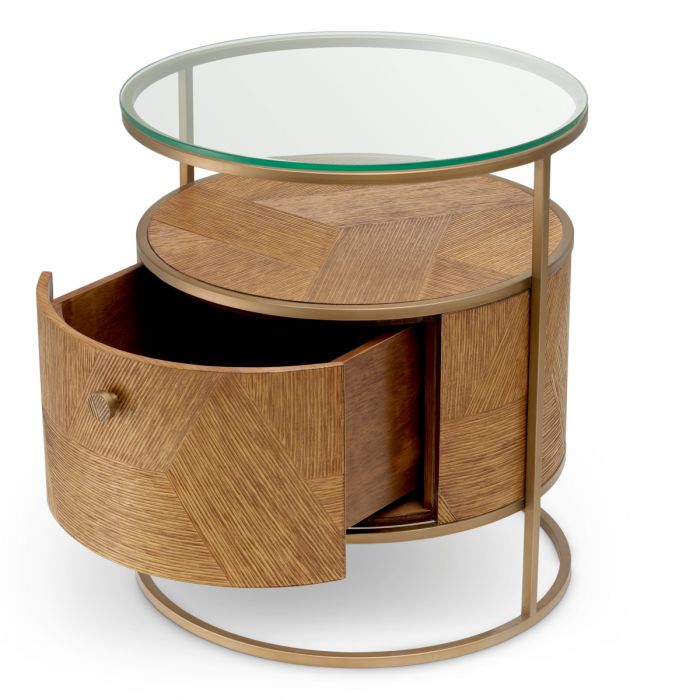 Nightstand Velutto caramel carved oak veneer brushed brass finish