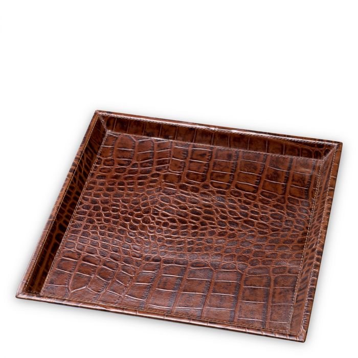 Desk Tray Scaleo croco embossed antique brown leather set of 2