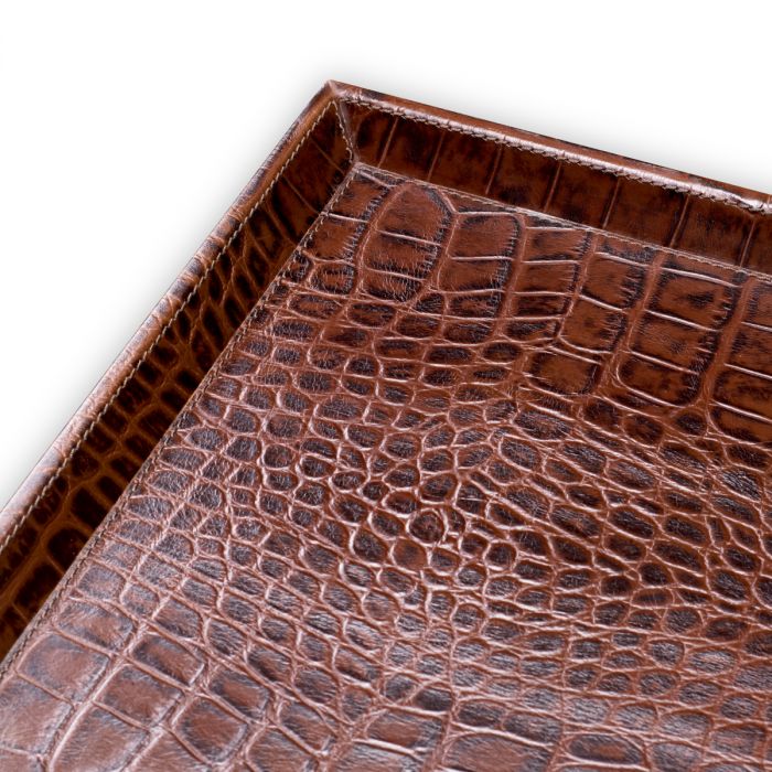 Desk Tray Scaleo croco embossed antique brown leather set of 2