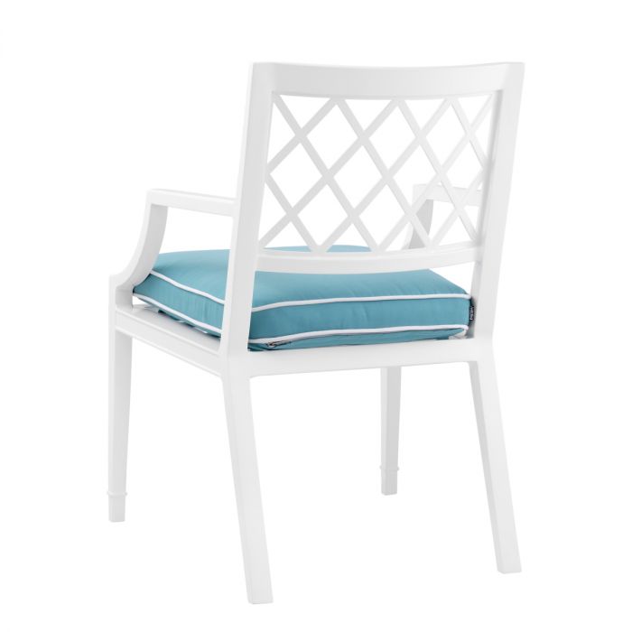 Outdoor Dining Chair Paladium with arm white sunbrella mineral blue
