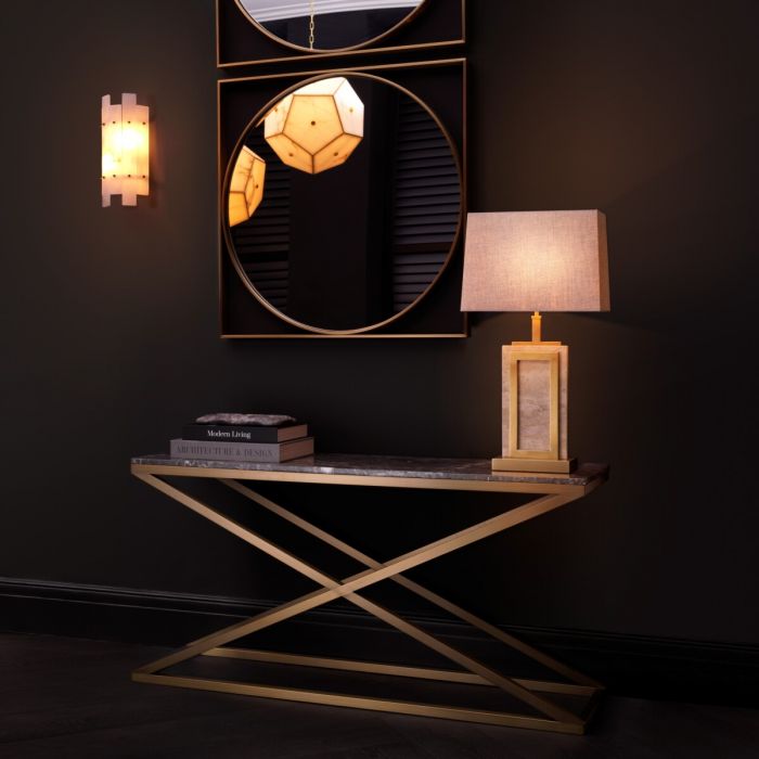 Console Table Criss Cross brushed brass finish grey marble
