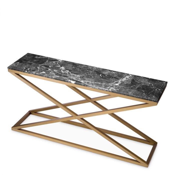Console Table Criss Cross brushed brass finish grey marble