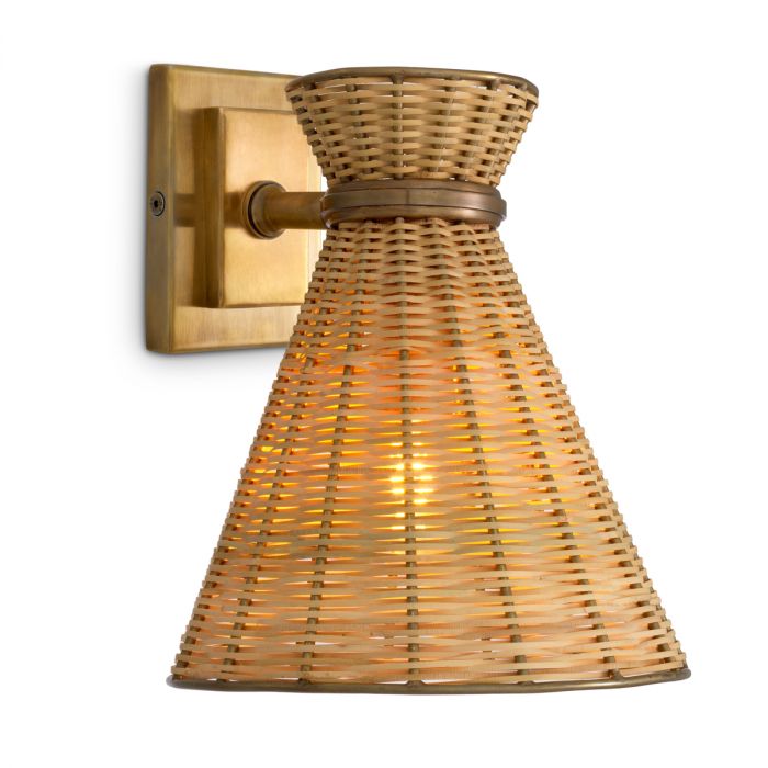 Wall Lamp Kon Tiki vintage brass finish natural rattan