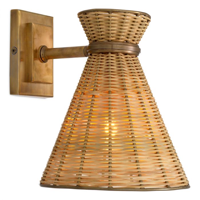 Wall Lamp Kon Tiki vintage brass finish natural rattan