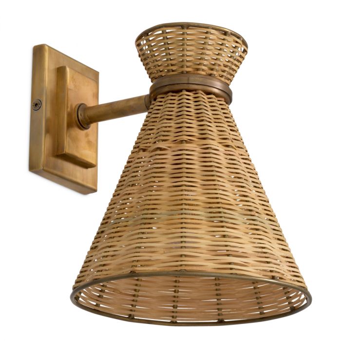 Wall Lamp Kon Tiki vintage brass finish natural rattan