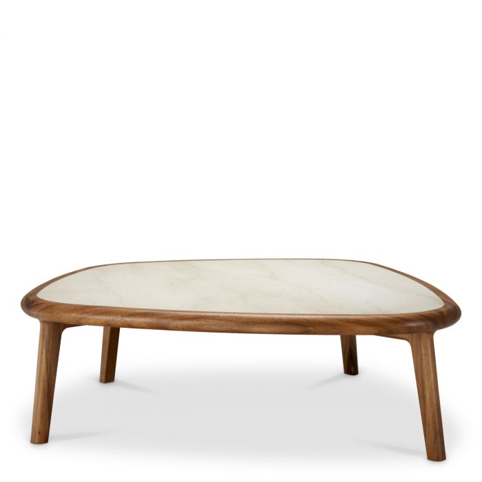 Coffee Table Wilma mahogany wood caramel finish beige marble