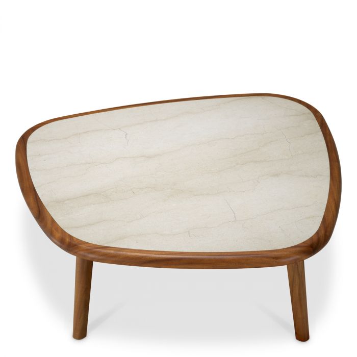 Coffee Table Wilma mahogany wood caramel finish beige marble