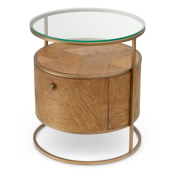 Nightstand Velutto caramel carved oak veneer brushed brass finish