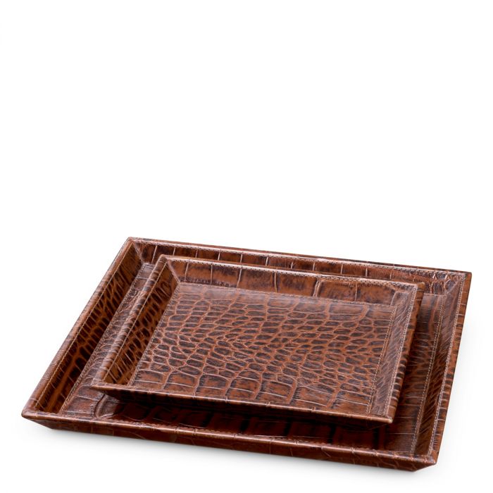 Desk Tray Scaleo croco embossed antique brown leather set of 2
