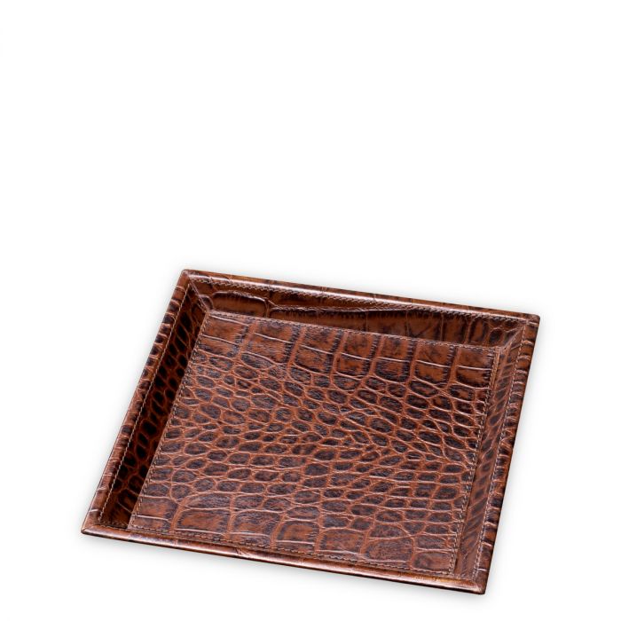 Desk Tray Scaleo croco embossed antique brown leather set of 2