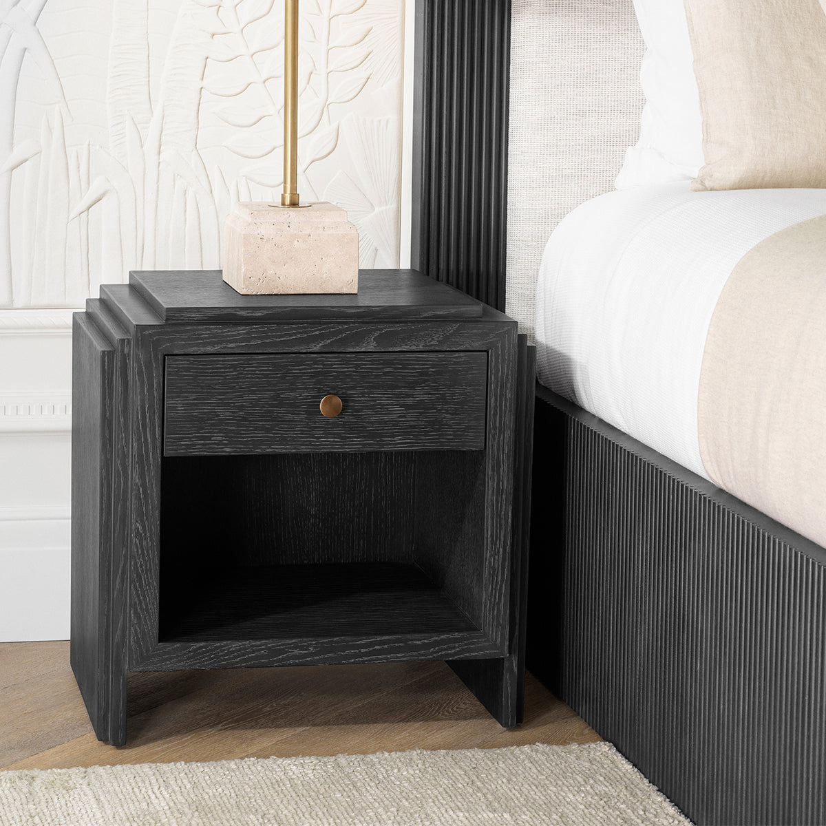 Charcoal Gray Oak Wooden Nightstand ArtDeco
