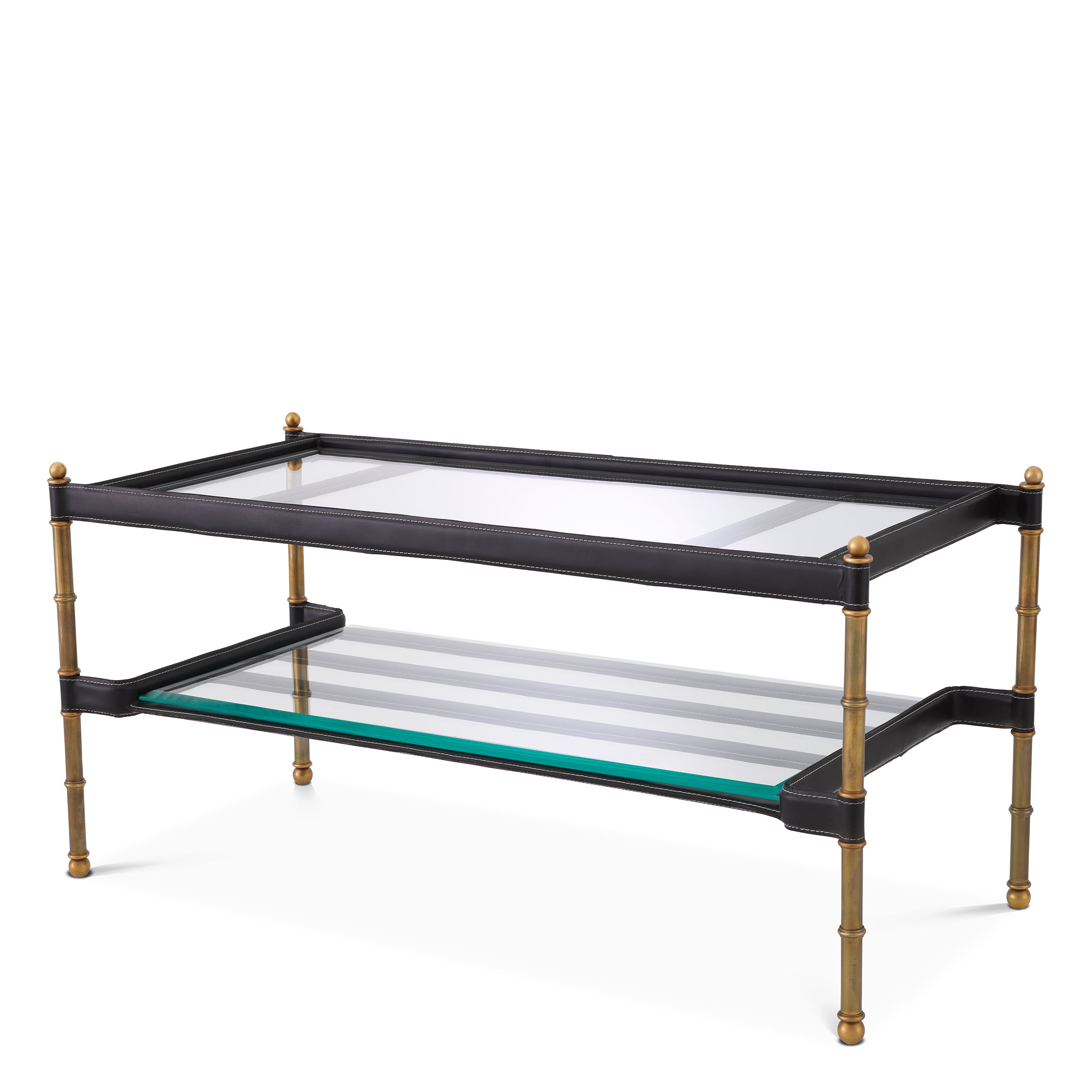 Coffee Table Princess rectangular black leather vintage brass finish