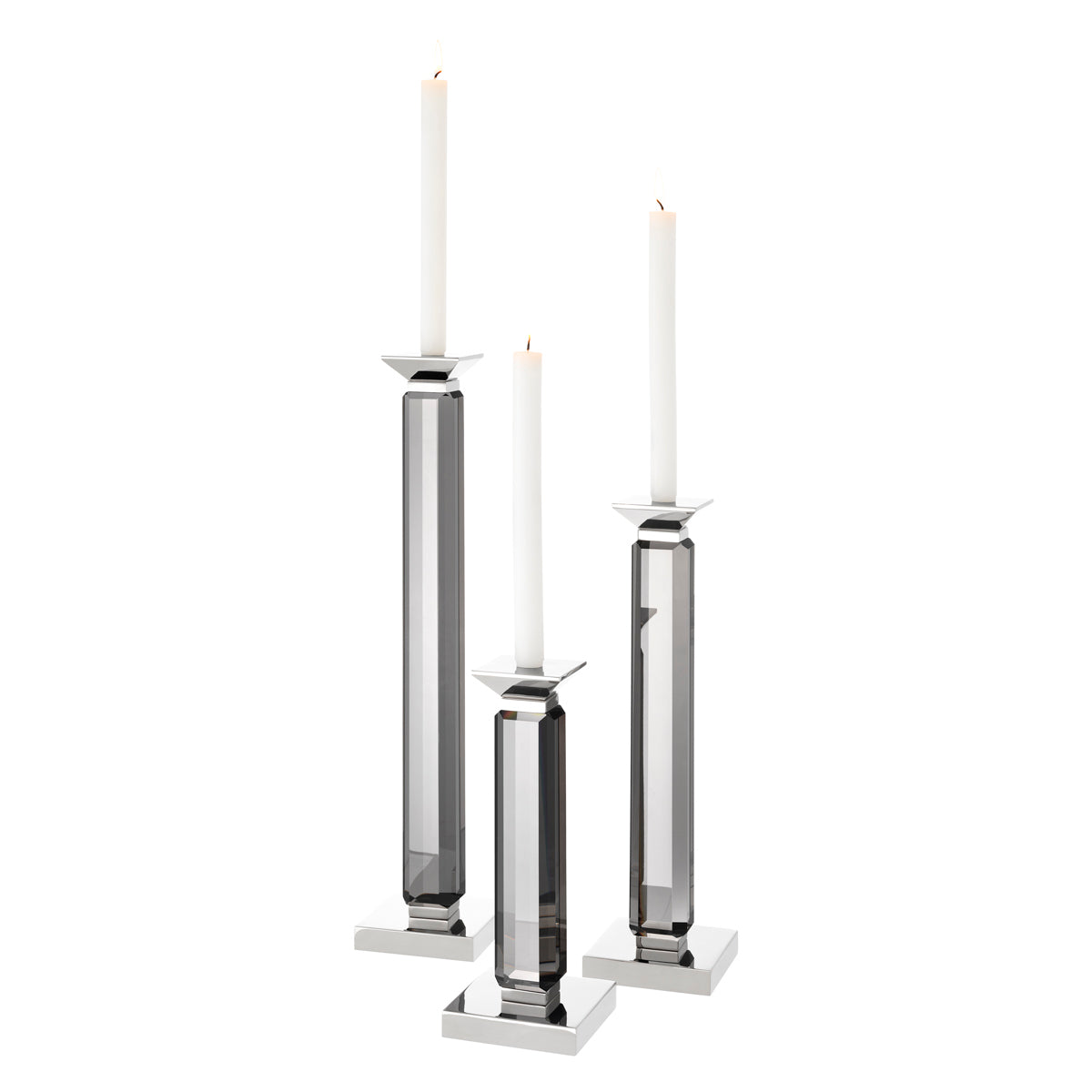 Candle Holder Livia nickel finish smoke crystal glass set of 3