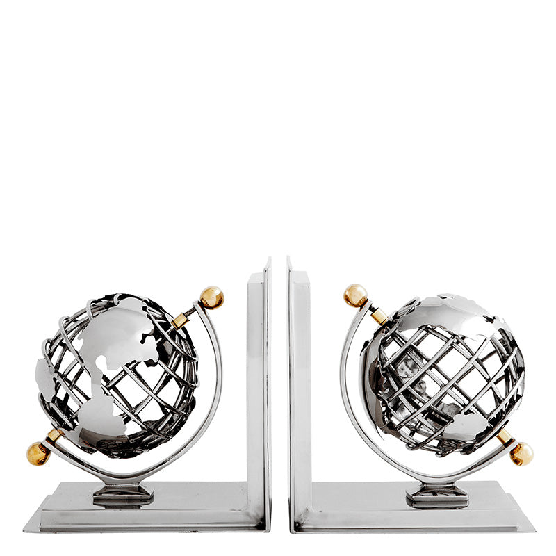 Bookend Globe set of 2 nickel finish polished brass