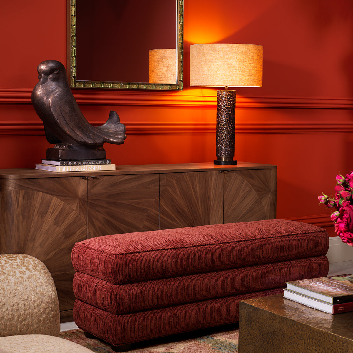 Upholstered Red Fabric Bench Helmsley | Eichholtzmh.com